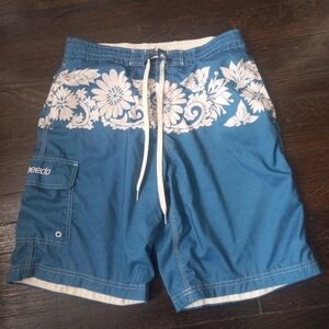 Speedo Men Swim Trucks Color Blue  White Pocket Speedo Logo Floral Hawaiian Cozy